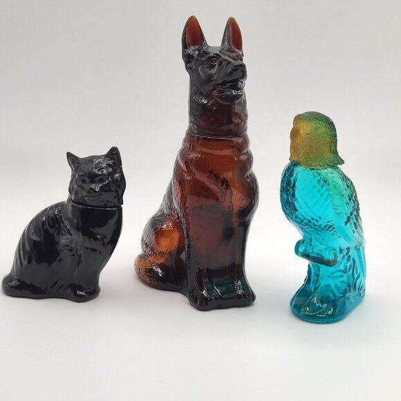 LOT 3 Vintage Avon Animal Bottles Glass Body Plastic Head Dog Cat Parakeet - Picture 1 of 7